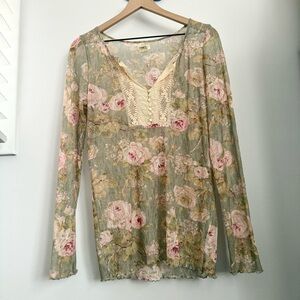 Denim & Supply Ralph Lauren XL Floral Sheer Lace Blouse Sage Cottage Prairie